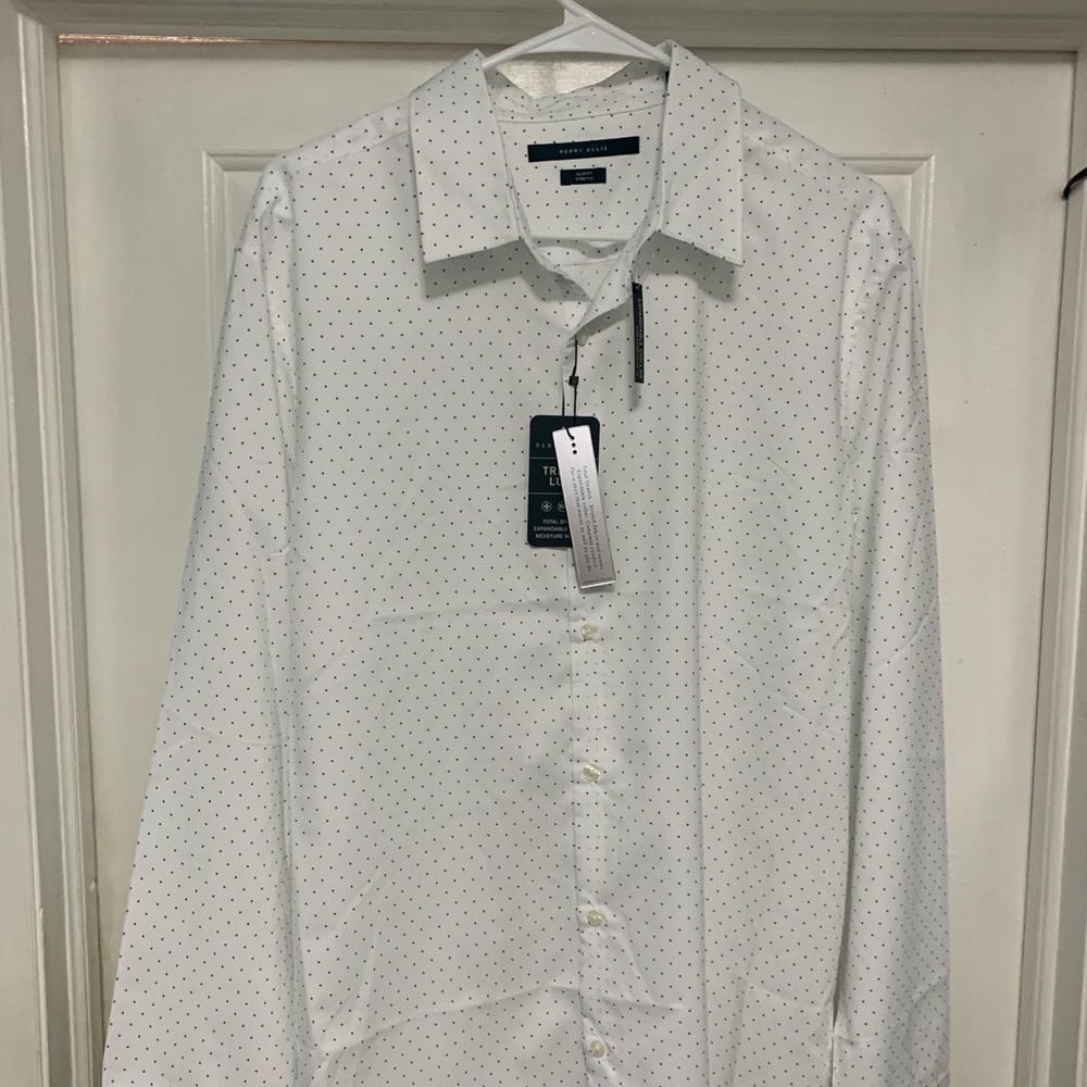 Perry Ellis Untucked Roll Sleeve Polka Dot Dress Shirt Size XL